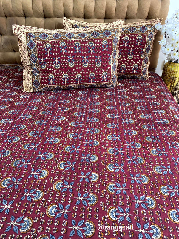 Wine Red Floral Jaipuri Cotton Bedsheet King Size