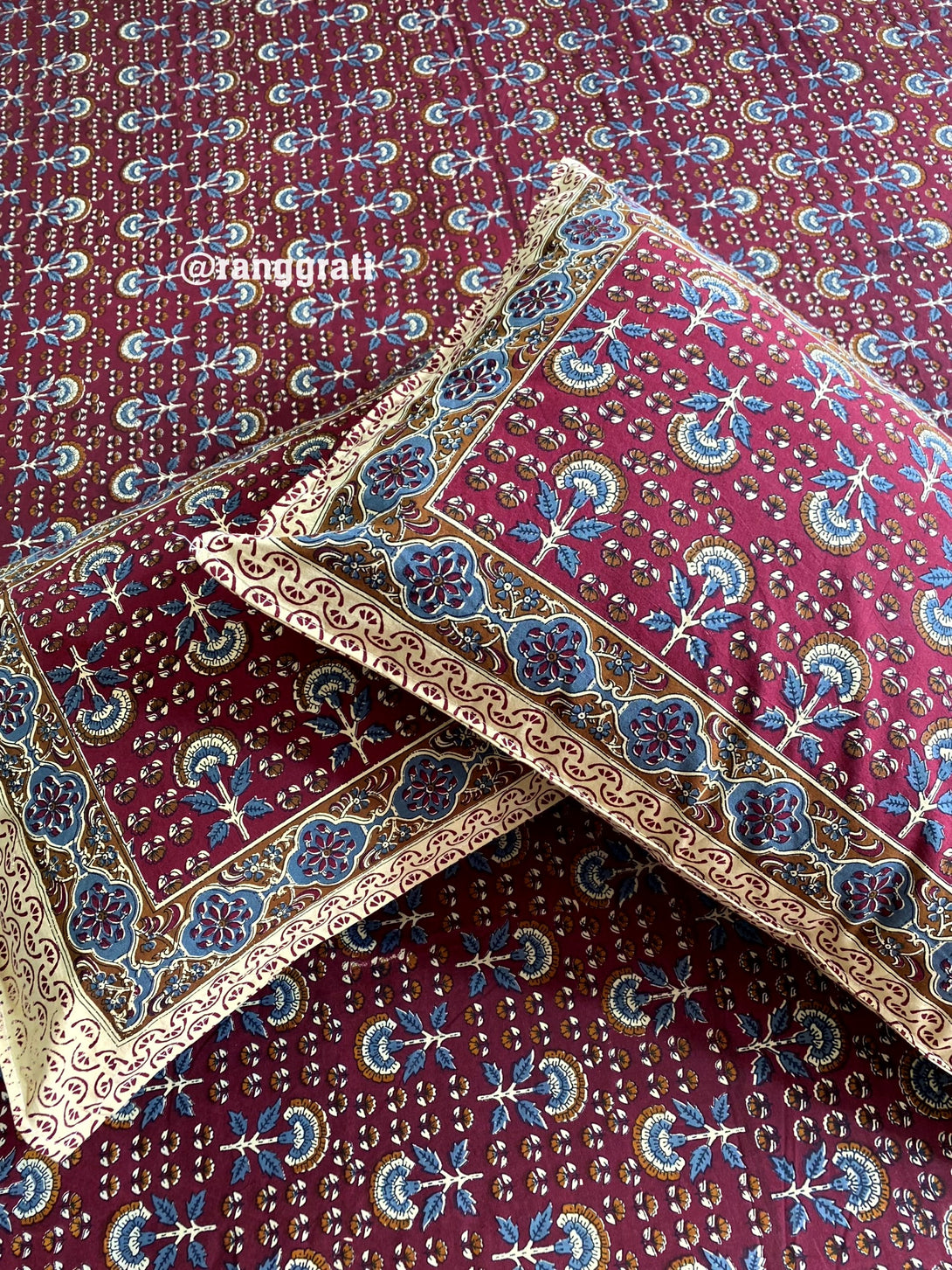 Wine Red Floral Jaipuri Cotton Bedsheet King Size With Pillow Coevrs