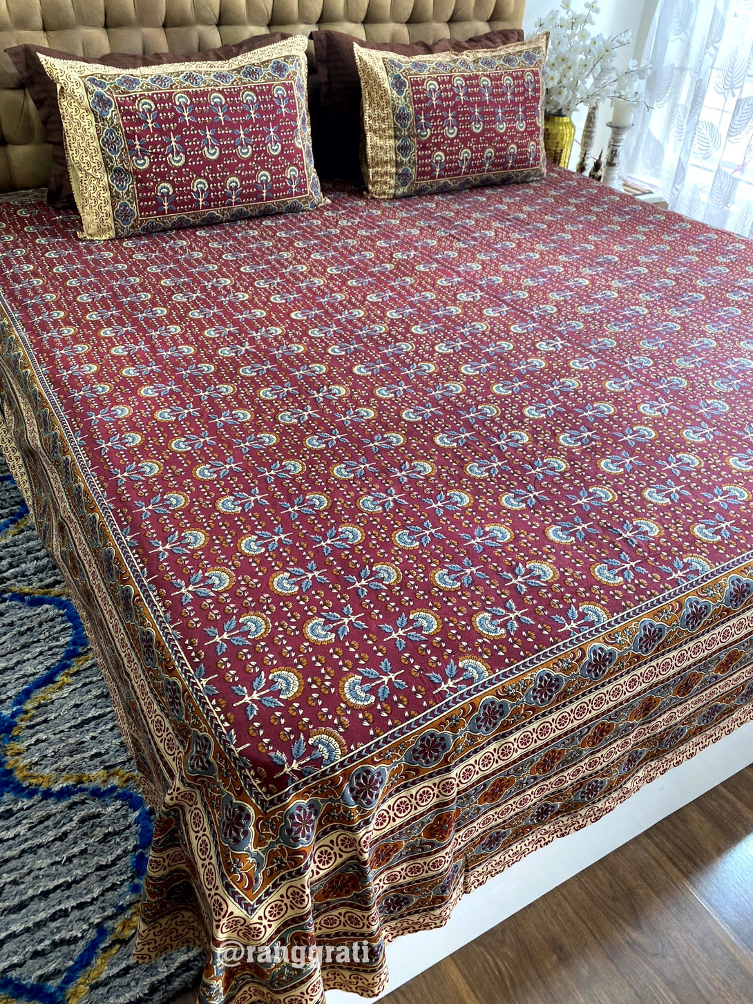 King Size Wine Red Floral Jaipuri Cotton Bedsheet