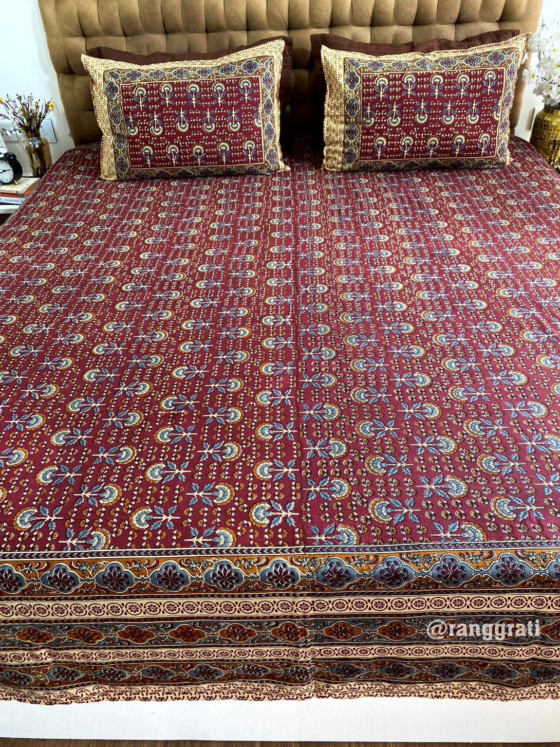 Wine Red Floral Jaipuri Cotton King Size Bedsheet