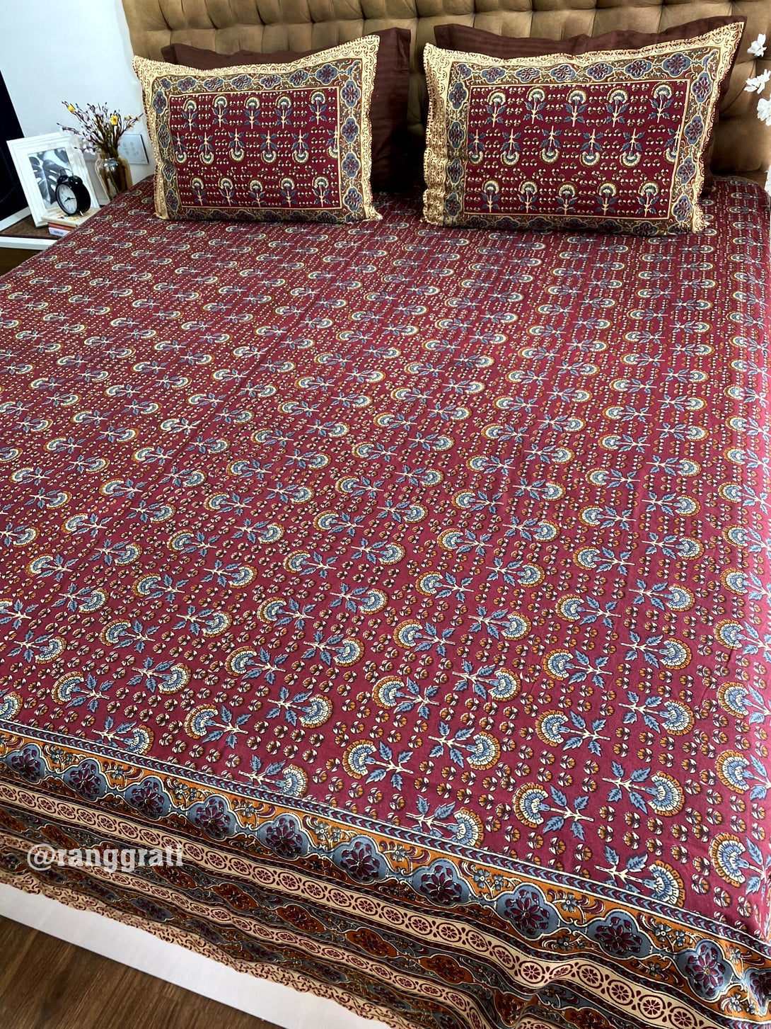 Wine Red Floral Bedsheet King Size Jaipuri Cotton 