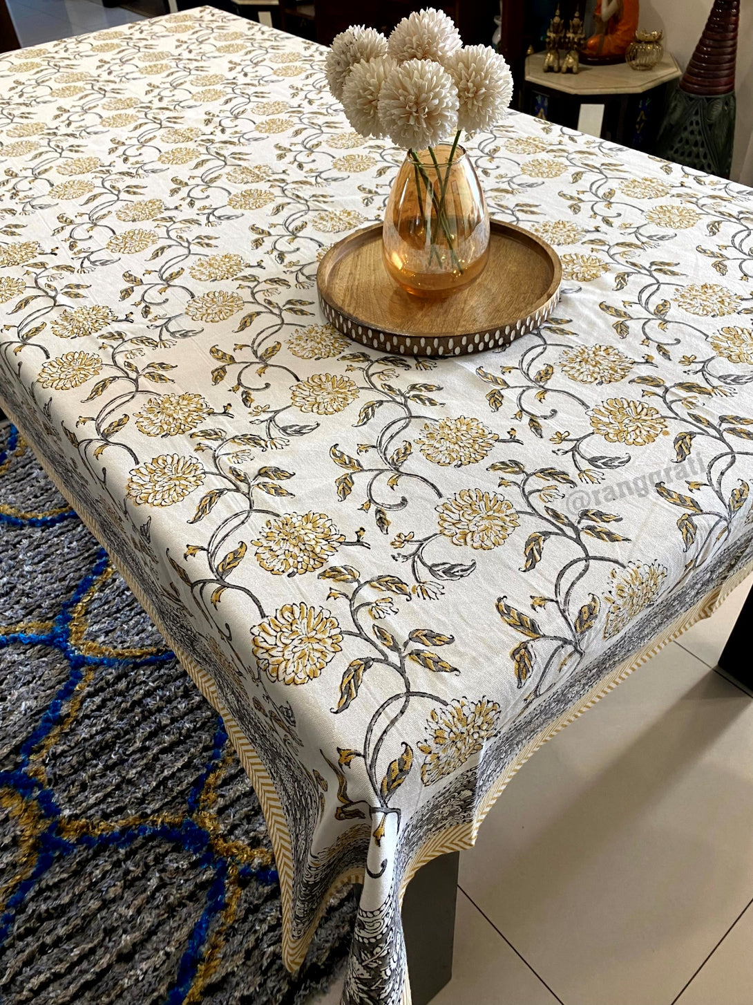 Yellow Floral Grey Leaf Table Cover Cloth 6 Seater Dining Table Rectangular Canvas Cotton