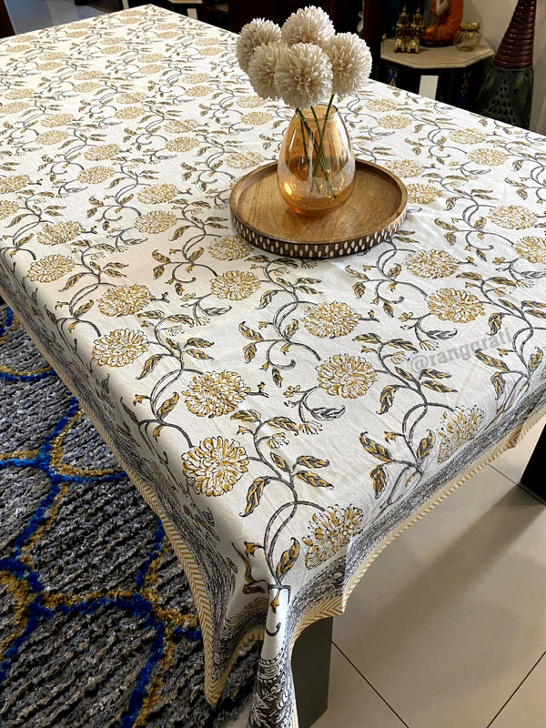 Yellow Floral Grey Leaf Table Cover Cloth 6 Seater Dining Table Rectangular Canvas Cotton