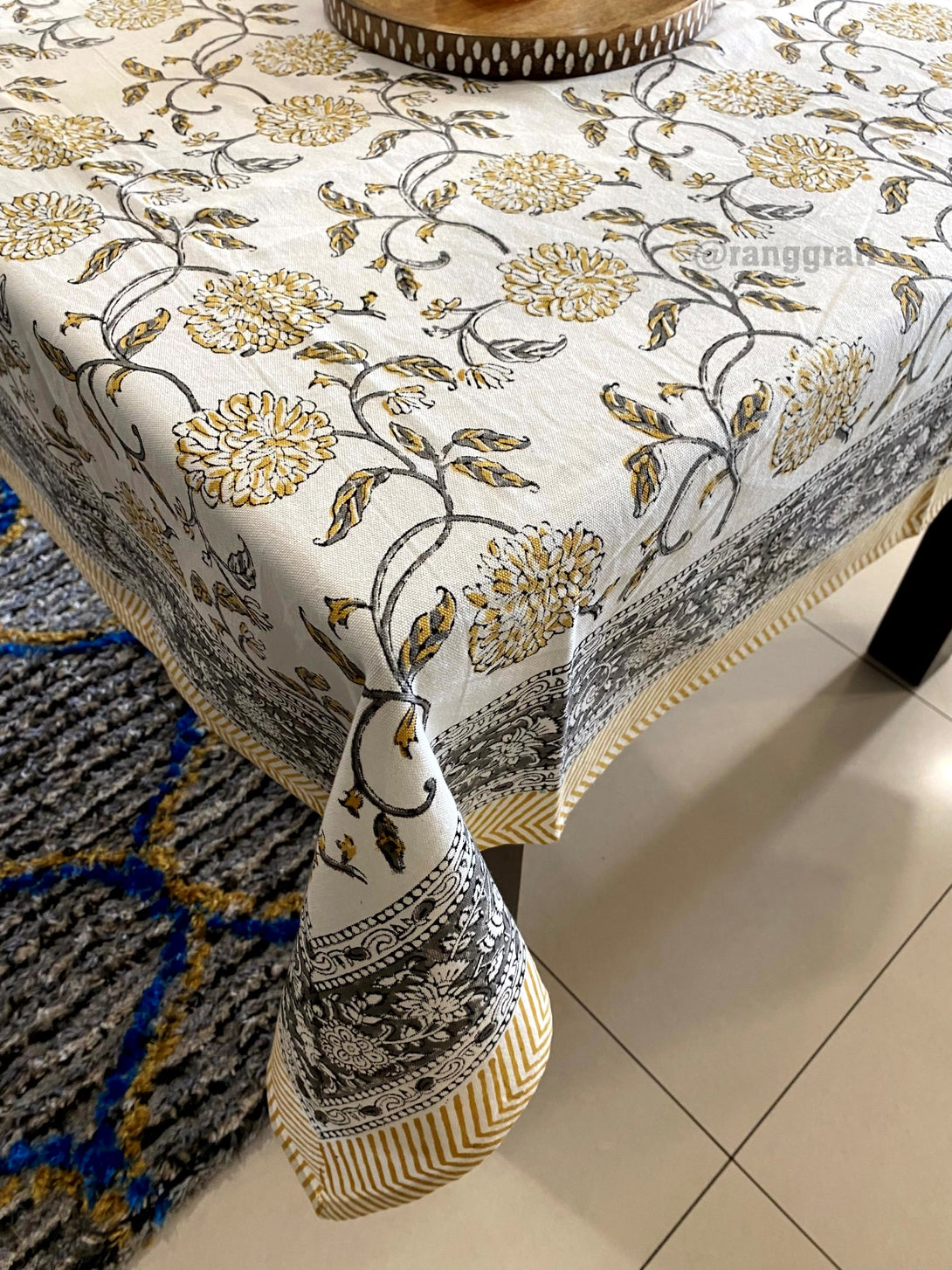 Yellow Floral Grey Leaf Table Cover Cloth 6 Seater Canvas Cotton
