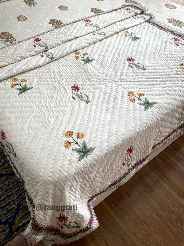 Yellow-Pink Floral Single Bed Jaipuri Razai / Quilt Cotton Hand Block