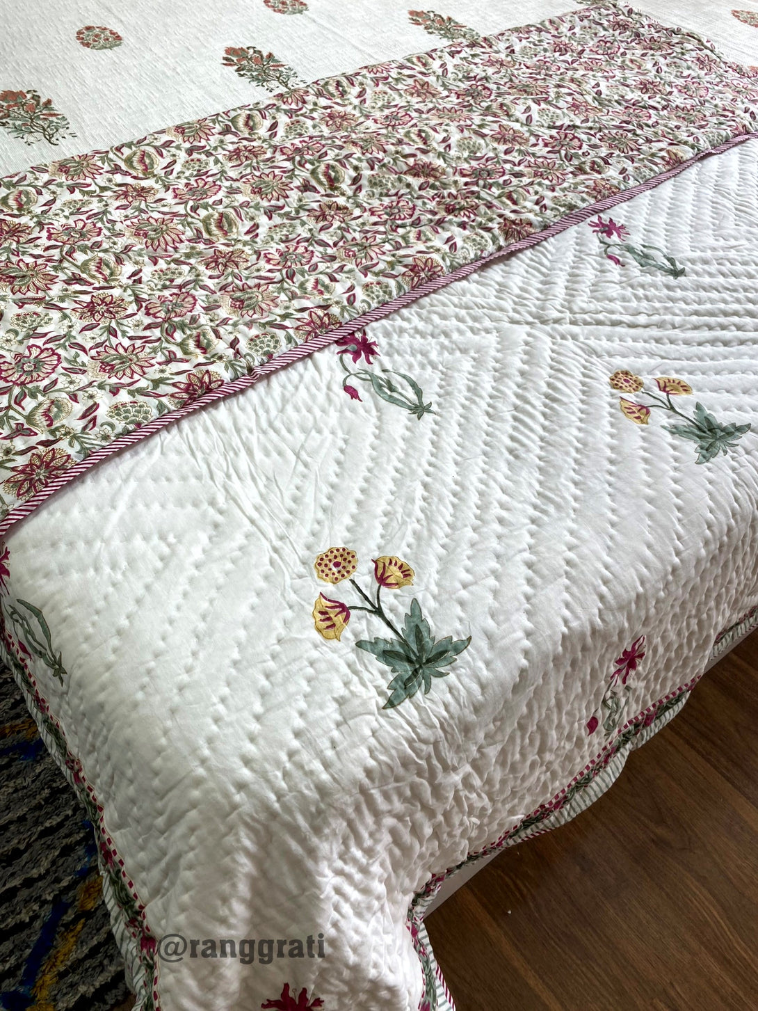 Reversible Yellow-Pink Floral Single Bed Jaipuri Razai / Quilt Cotton Hand Block