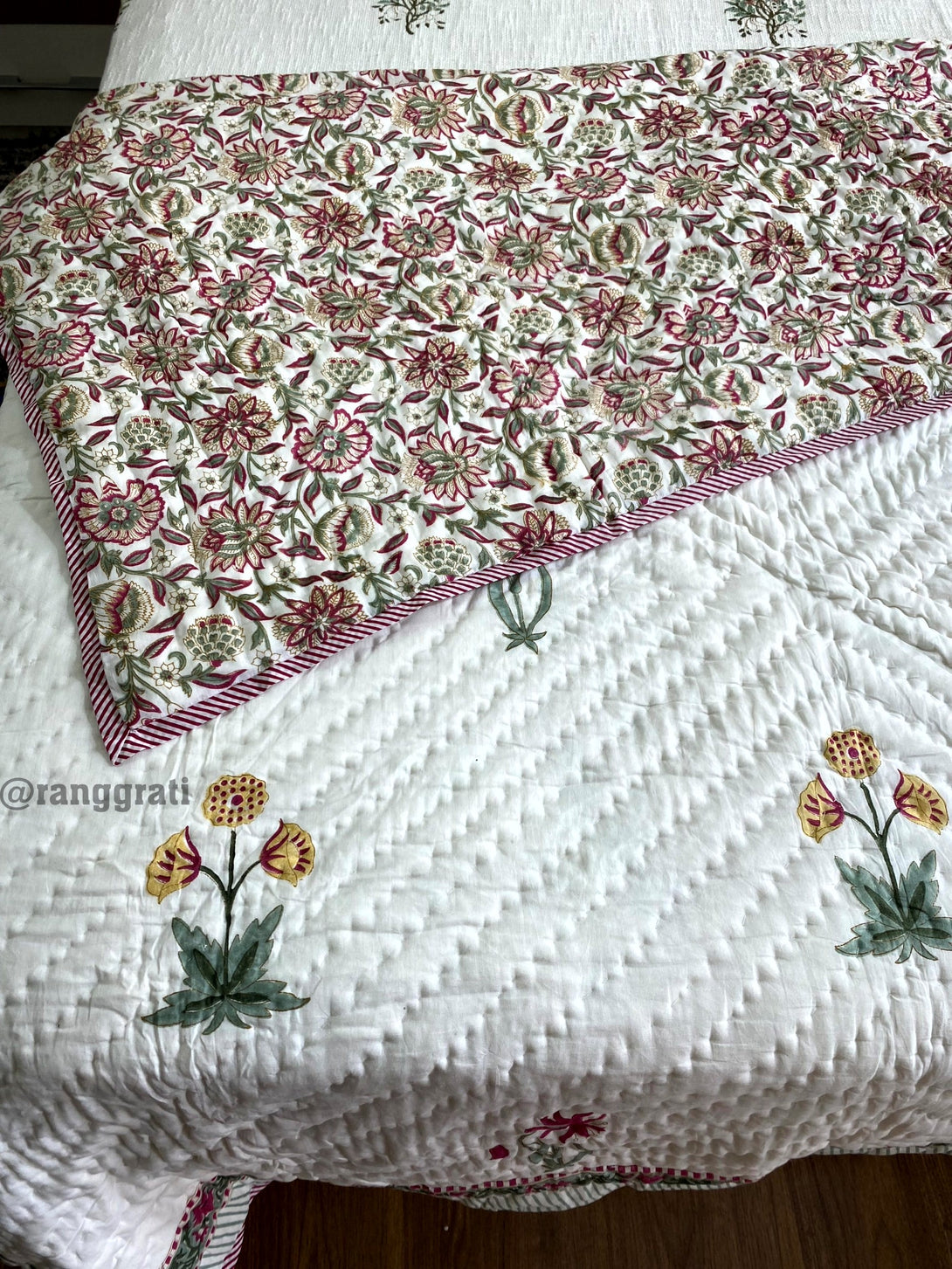 Yellow-Pink Floral Single Bed Jaipuri Razai Reversible