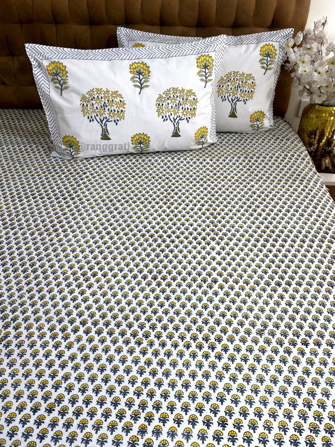 Yellow and Grey Ditsy Floral Hand Block Cotton King Size Bedsheet