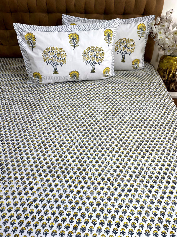Yellow and Grey Ditsy Floral Hand Block Cotton King Size Bedsheet