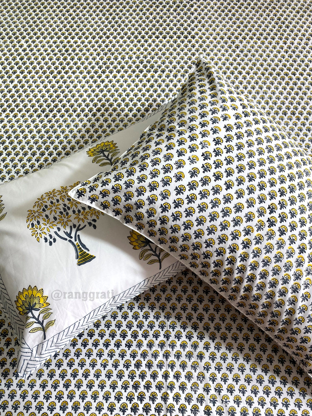 Yellow and Grey Ditsy Floral Hand Block Cotton King Size Bedsheet With Pillow Cover