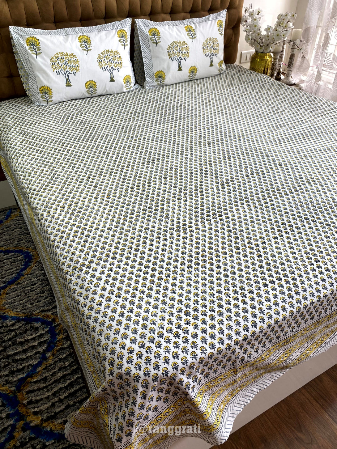 Yellow and Grey Ditsy Floral Hand Block Cotton Bedsheet King Size