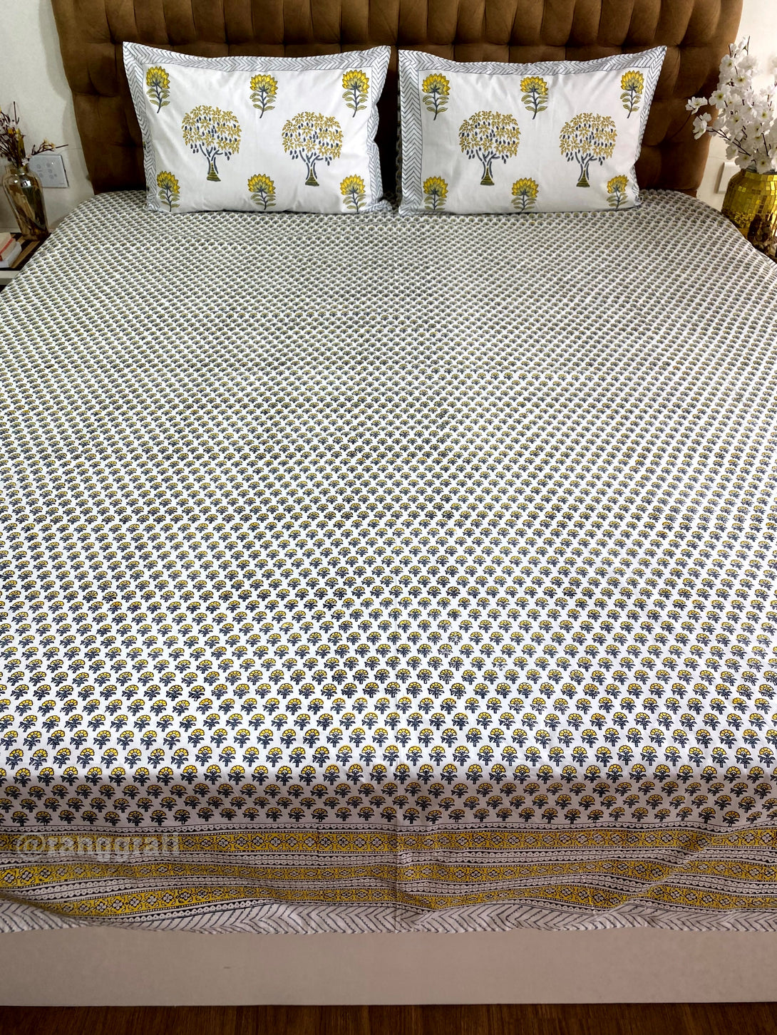 King Size Yellow and Grey Ditsy Floral Hand Block Cotton Bedsheet