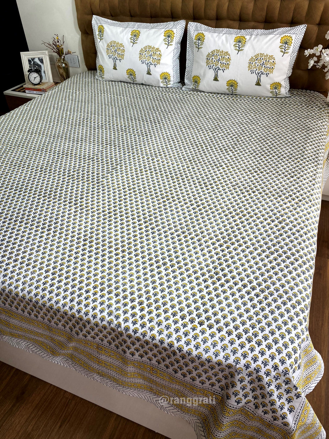Hand Block Cotton Yellow and Grey Ditsy Floral King Size Bedsheet