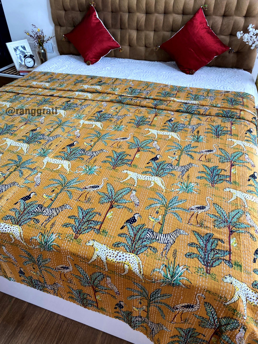 Yellow Animal Kantha Bedcover For Double Bed King Size - Bedcover