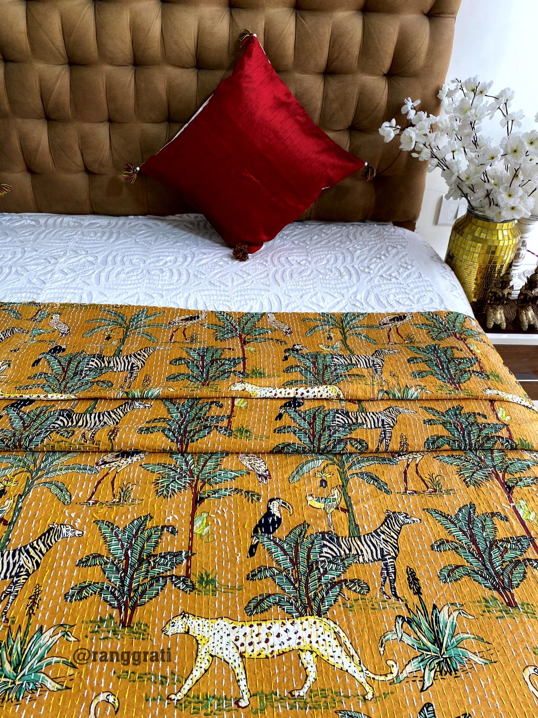 Yellow Animal Kantha Bedcover For Double Bed King Size - Bedcover