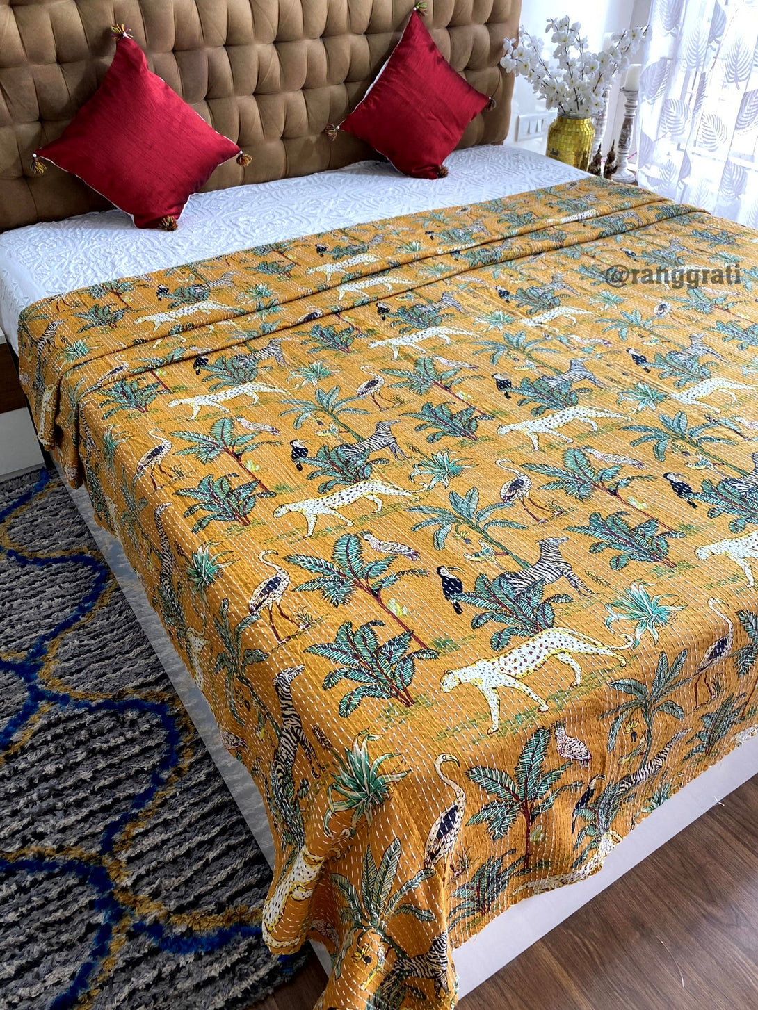 Yellow Animal Kantha Bedcover For Double Bed King Size - Bedcover