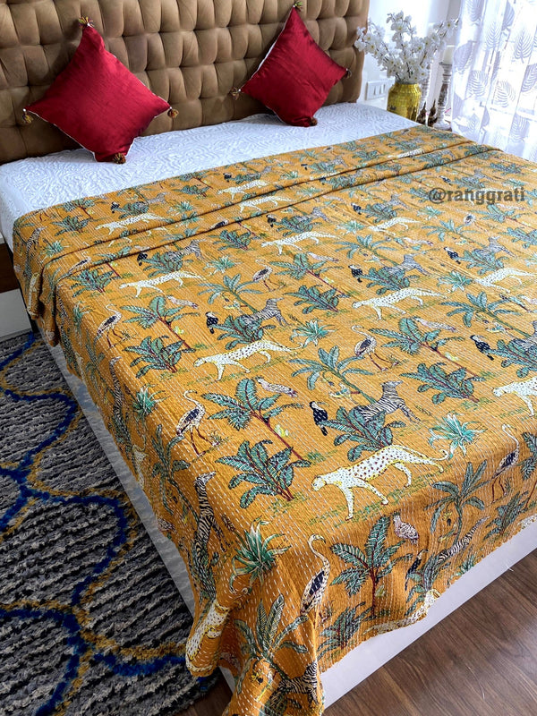 Yellow Animal Kantha Bedcover For Double Bed King Size - Bedcover