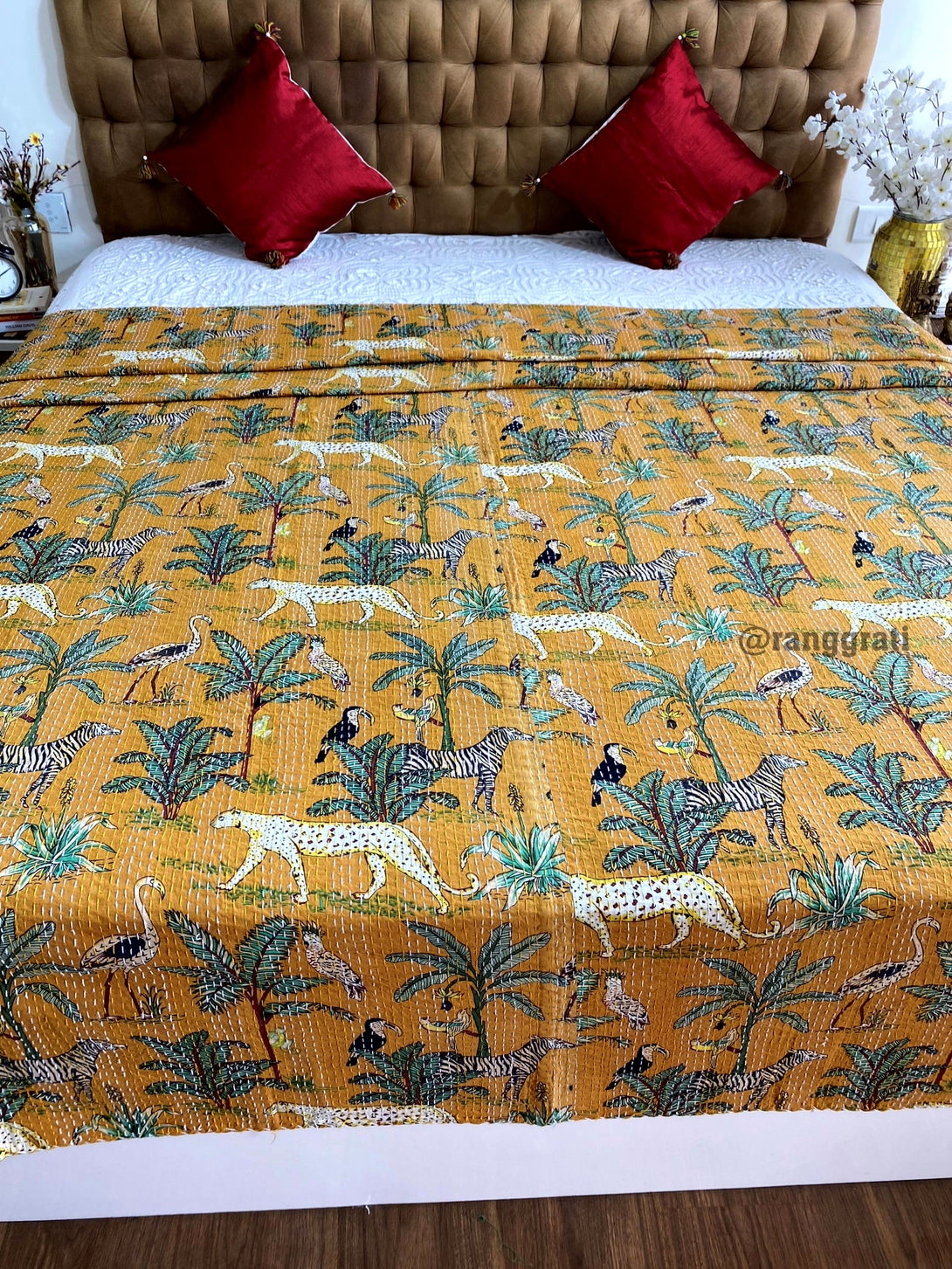 Yellow Animal Kantha Bedcover For Double Bed King Size - Bedcover