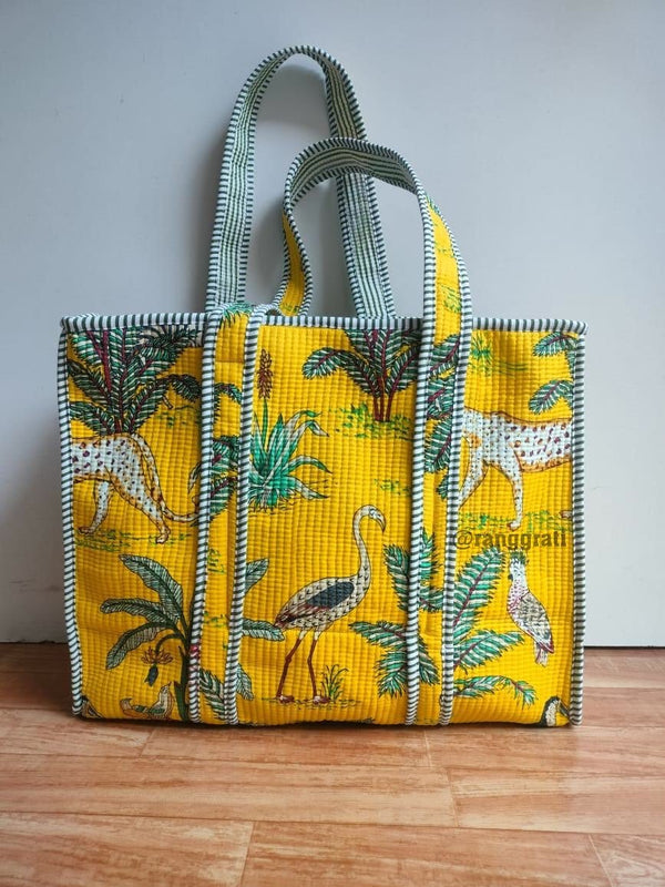 Yellow Animal Tote Bag quilted Hand Block Printed Cotton with Zip Online - Tote Bag
