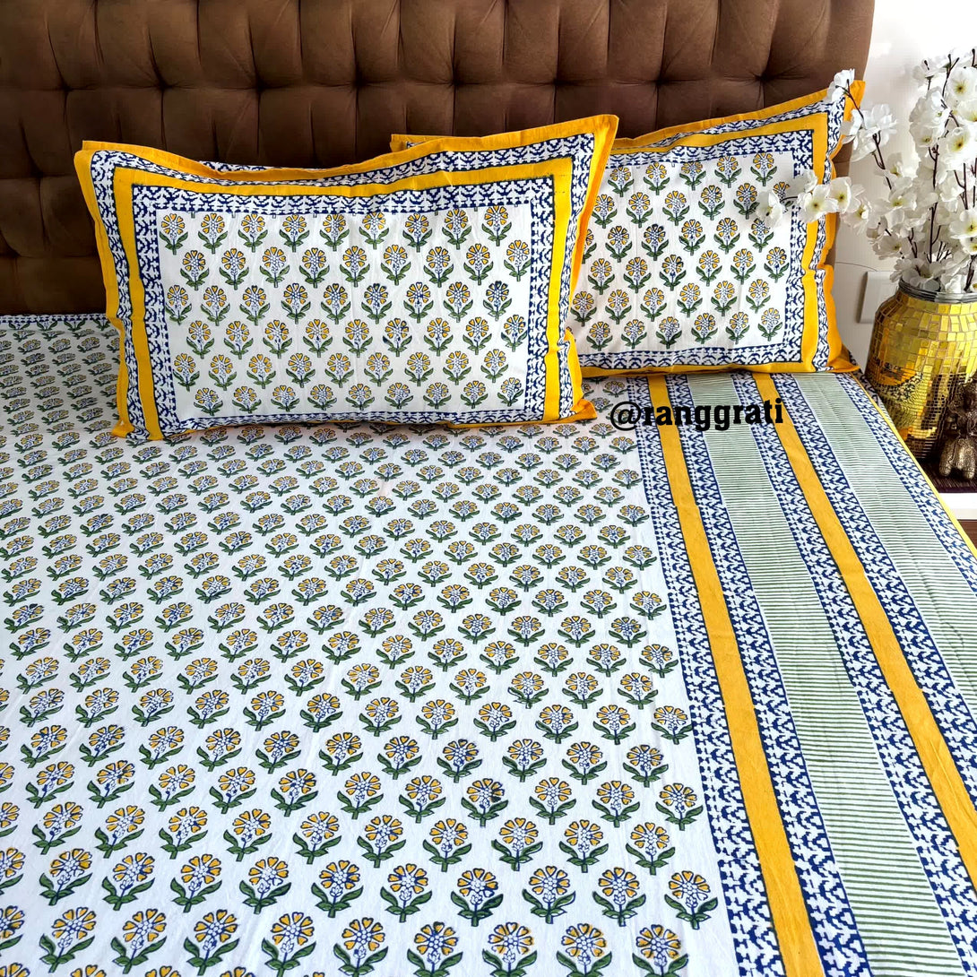 Yellow Blue Floral Jaipuri Cotton Bedsheet King Size For Double Bed - Bedsheet