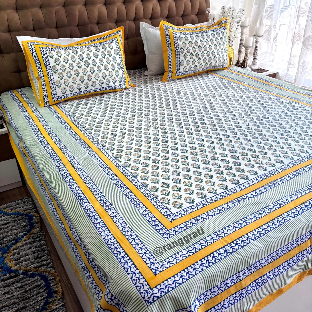 Yellow Blue Floral Jaipuri Cotton Bedsheet King Size For Double Bed - Bedsheet