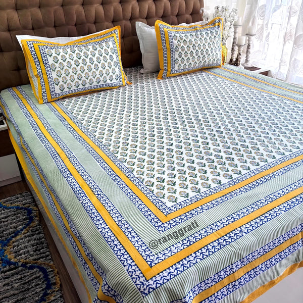 Yellow Blue Floral Jaipuri Cotton Bedsheet King Size For Double Bed - Bedsheet