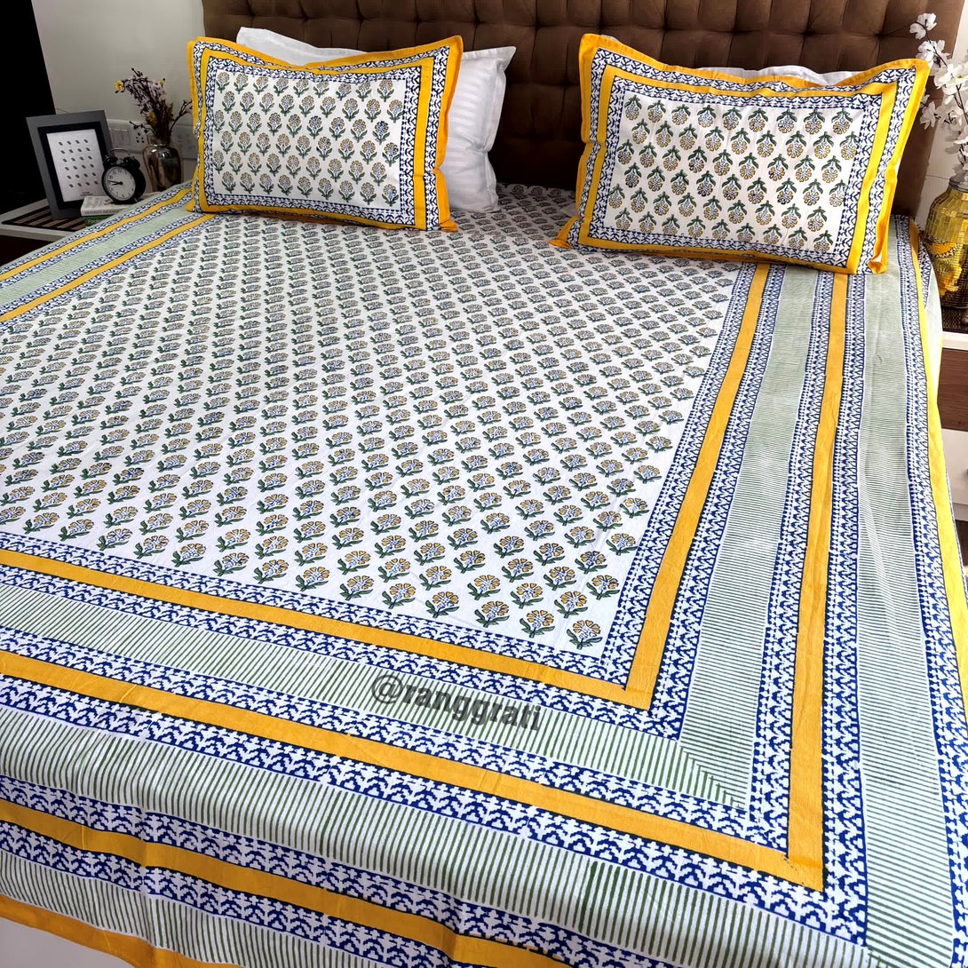 Yellow Blue Floral Jaipuri Cotton Bedsheet King Size For Double Bed - Bedsheet