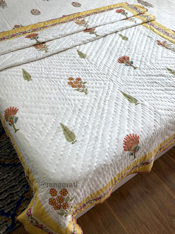 Yellow Border Pansy Floral Single Bed Jaipuri Razai / Quilt Cotton Hand Block