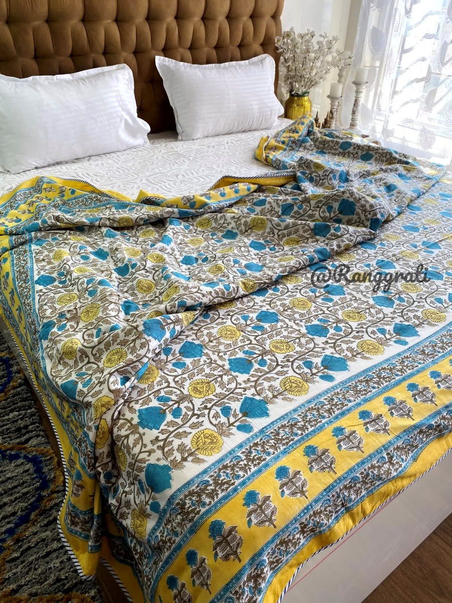 Yellow Cotton Double Dohar Blanket In Hand Block