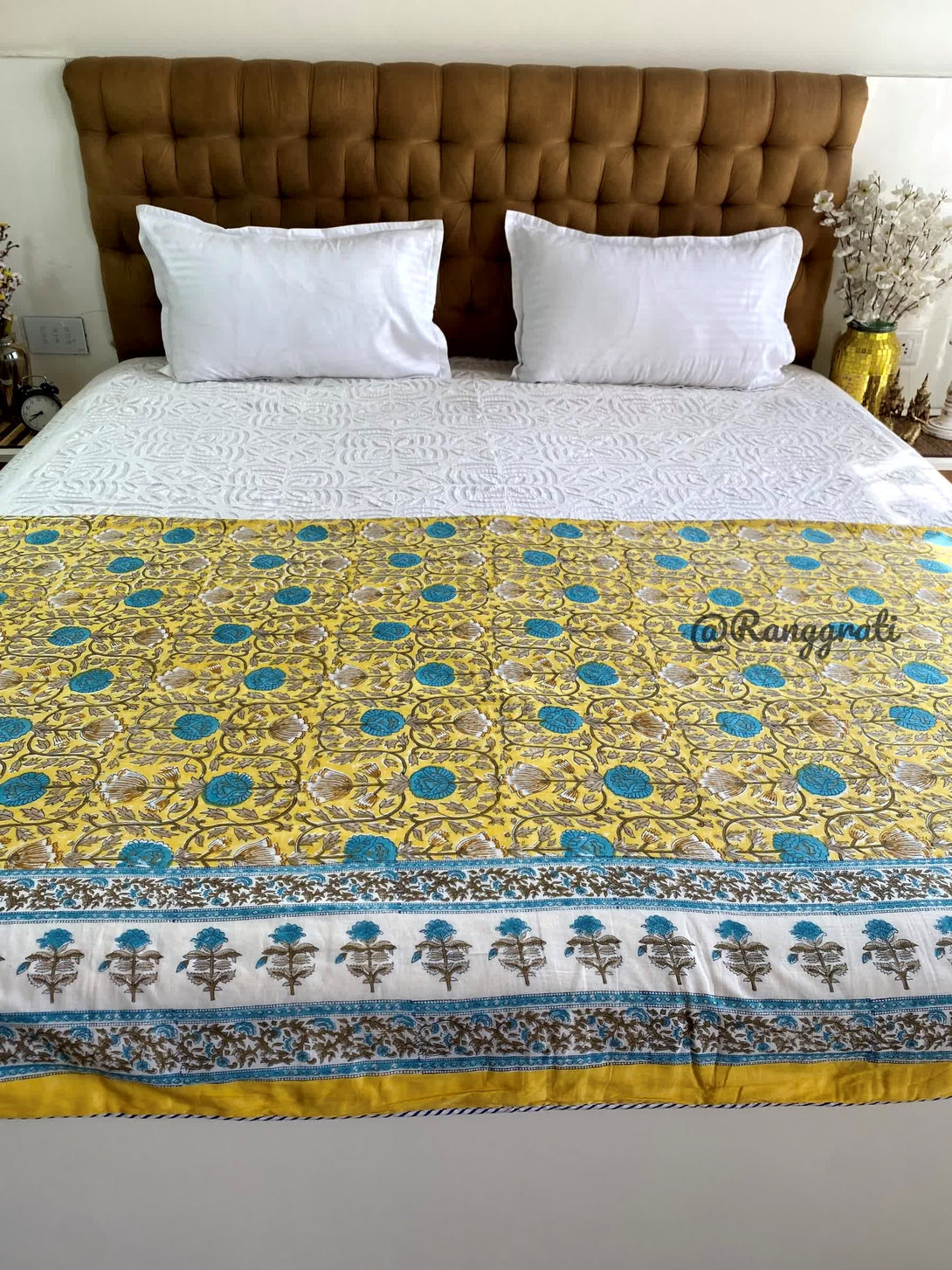 Yellow Cotton Double Dohar Blanket In Hand Block - Dohar