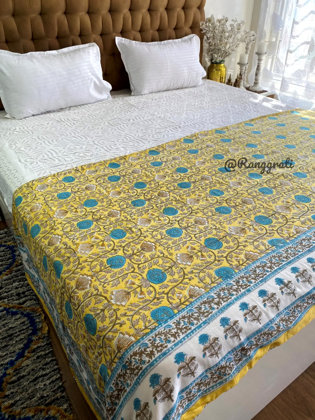 Yellow Cotton Double Dohar Blanket In Hand Block - Dohar