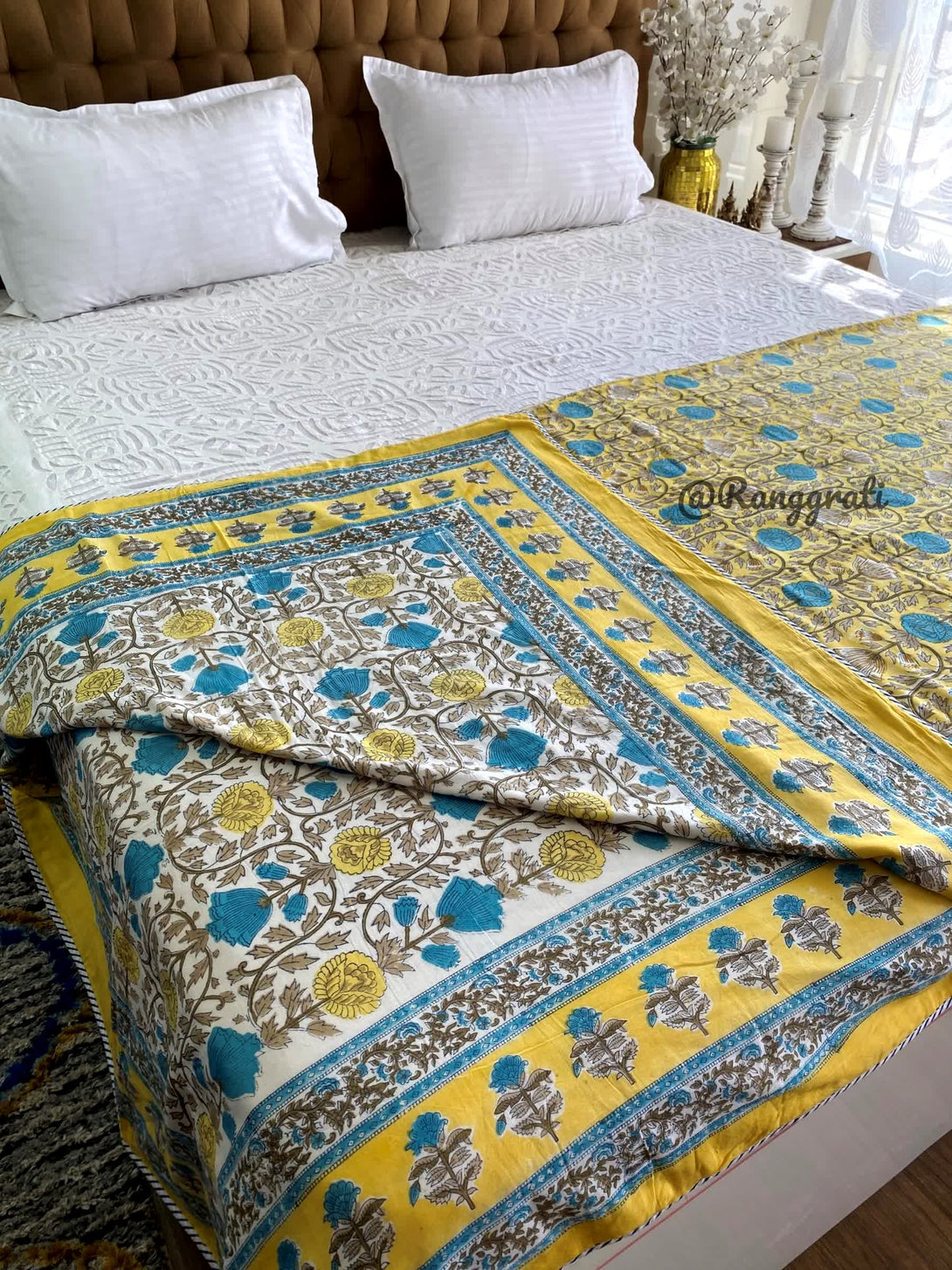 Yellow Cotton Double Dohar Blanket In Hand Block - Dohar