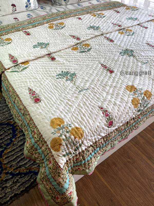 Yellow Dahlia Floral Double Razai / Quilt Cotton Hand Block Jaipuri