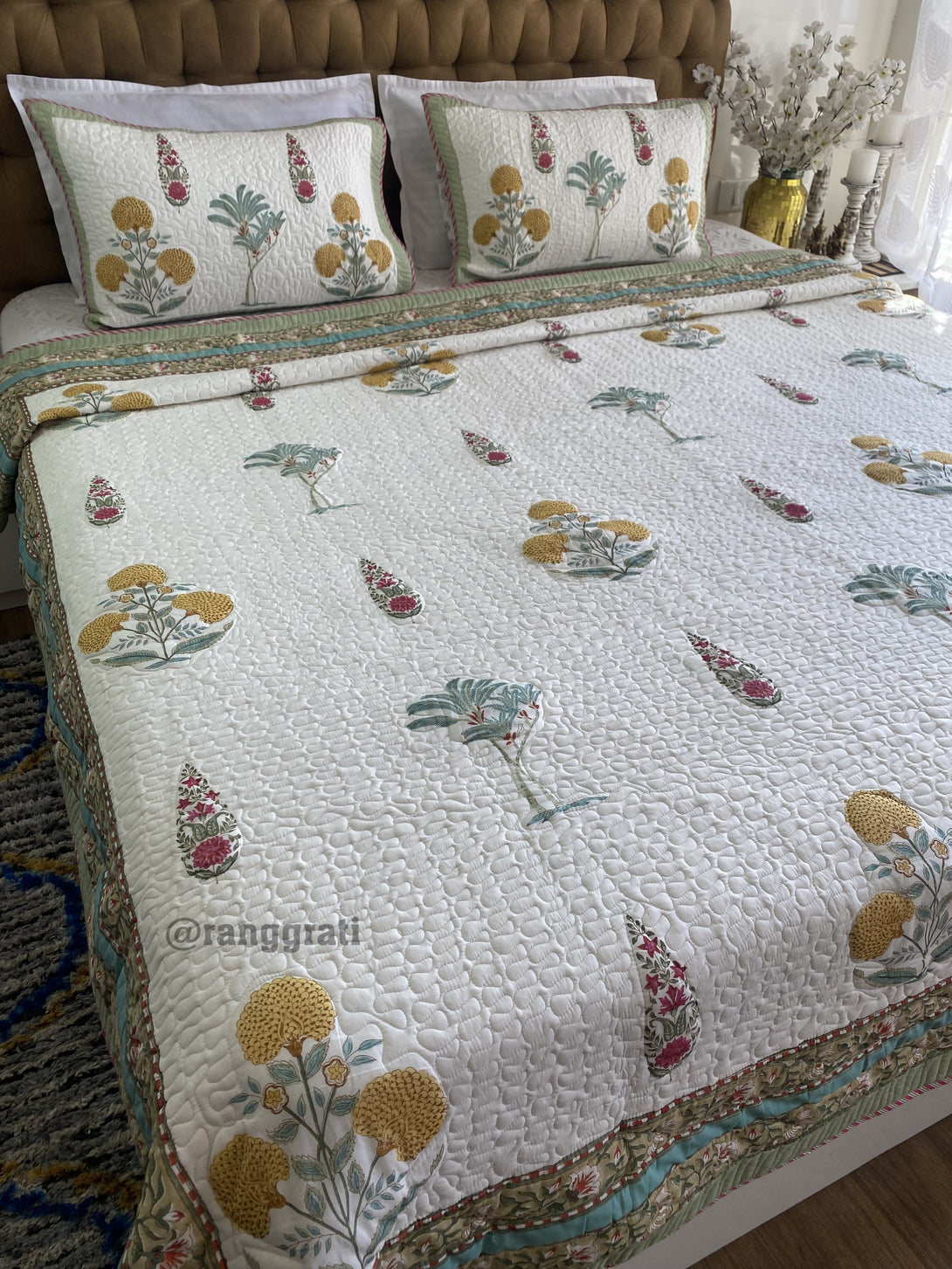 Yellow Dahlia Floral Bedsheet with Coordinated Quilted Bedcover