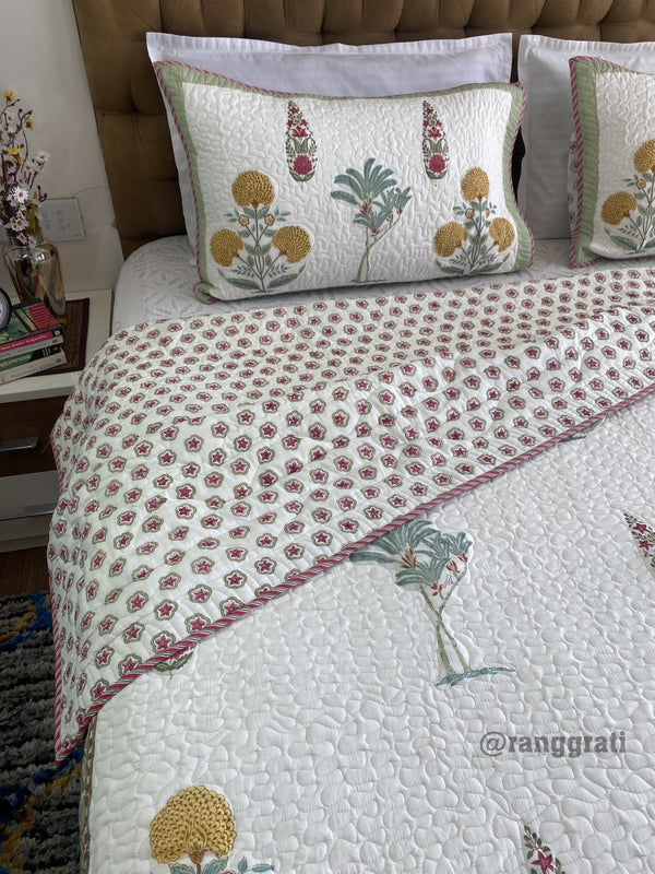 Yellow Dahlia Patterned Bedsheet and Matching Quilted Cover