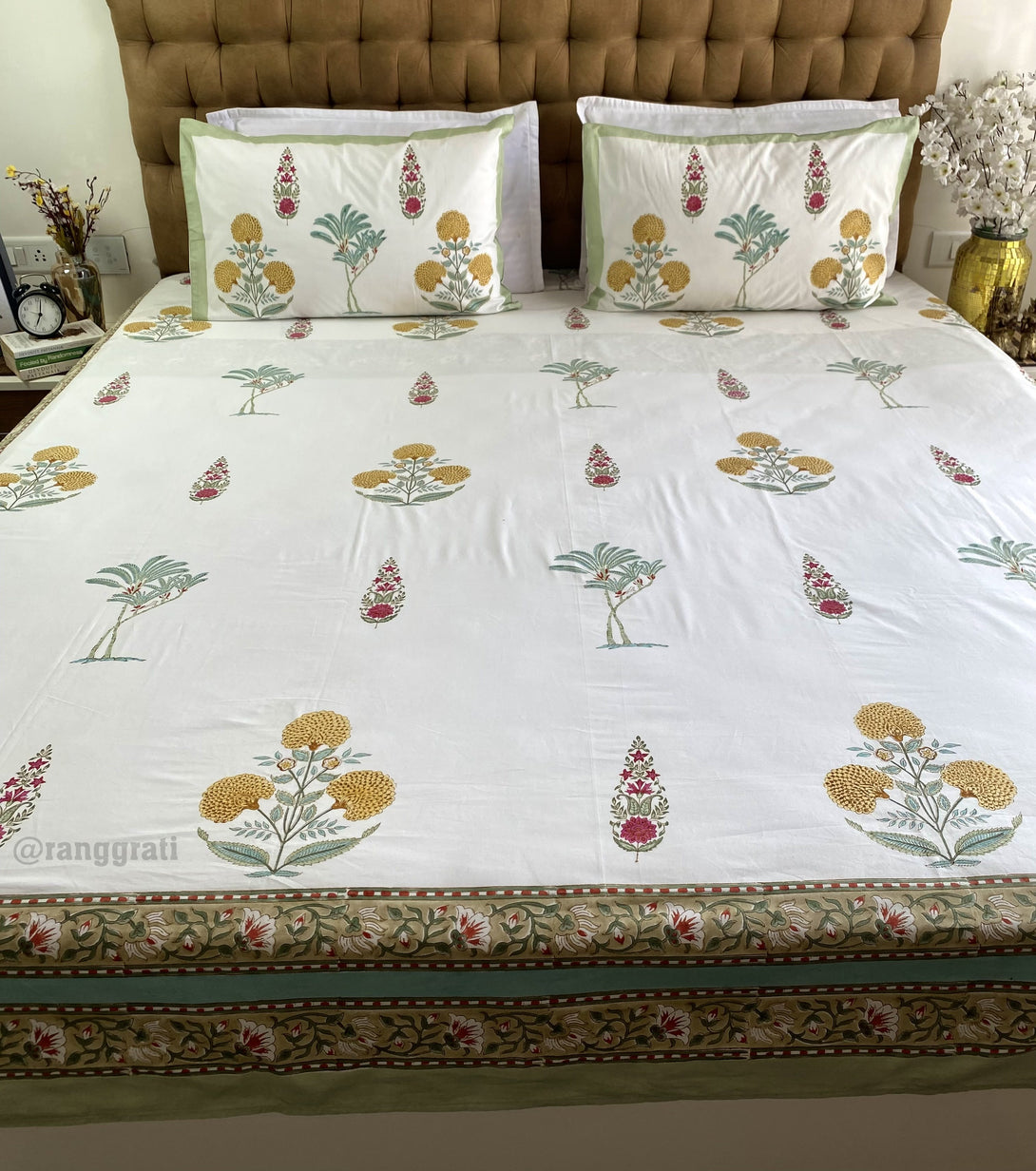 Bright Yellow Dahlia Bedsheet Paired with Matching Quilted Bedcover