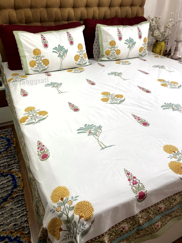 Yellow Dahlia With Green Fern King Size 250 TC Bedsheet Hand Block - Bedsheet