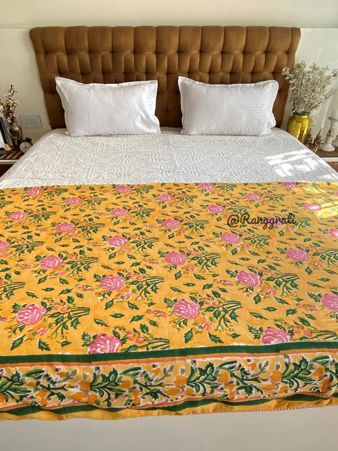 Yellow Dohar For Double Bed In Mulmul Cotton Reversible King Size - Dohar