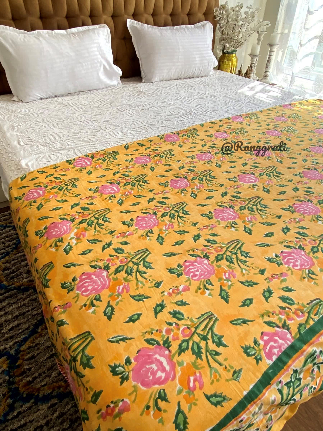 Yellow Dohar For Double Bed In Mulmul Cotton Reversible King Size - Dohar