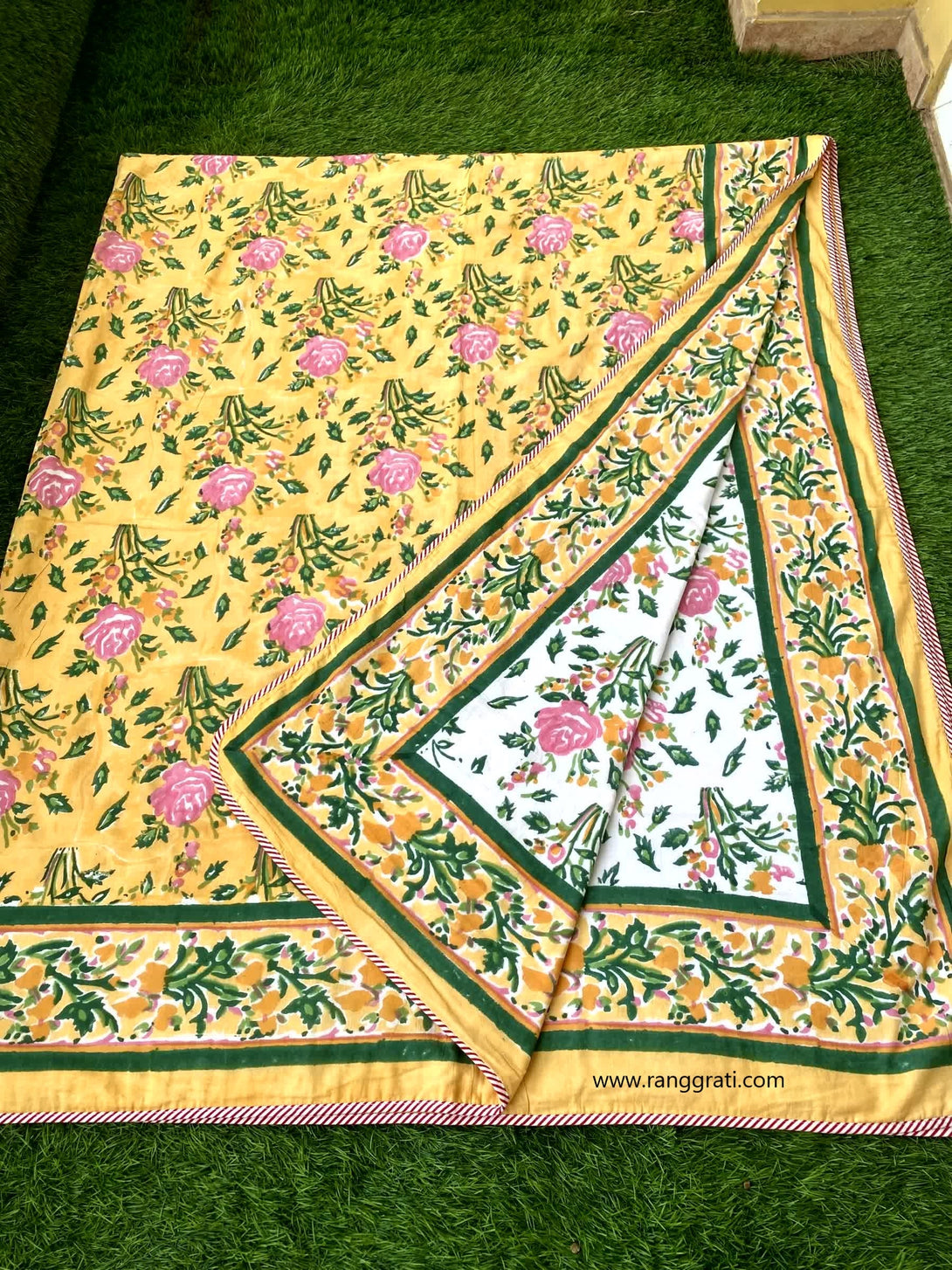 Yellow Dohar For Double Bed In Mulmul Cotton Reversible King Size - Dohar