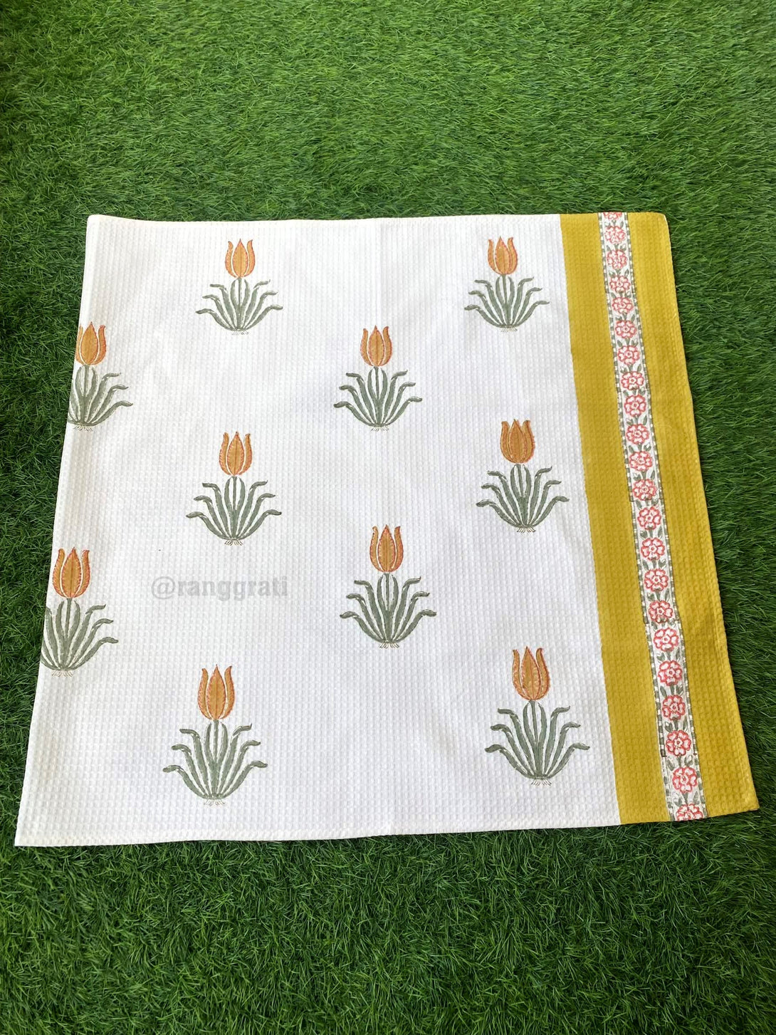 Yellow Floral Body Towel Hand Block Printed Pure Cotton - Body Towel