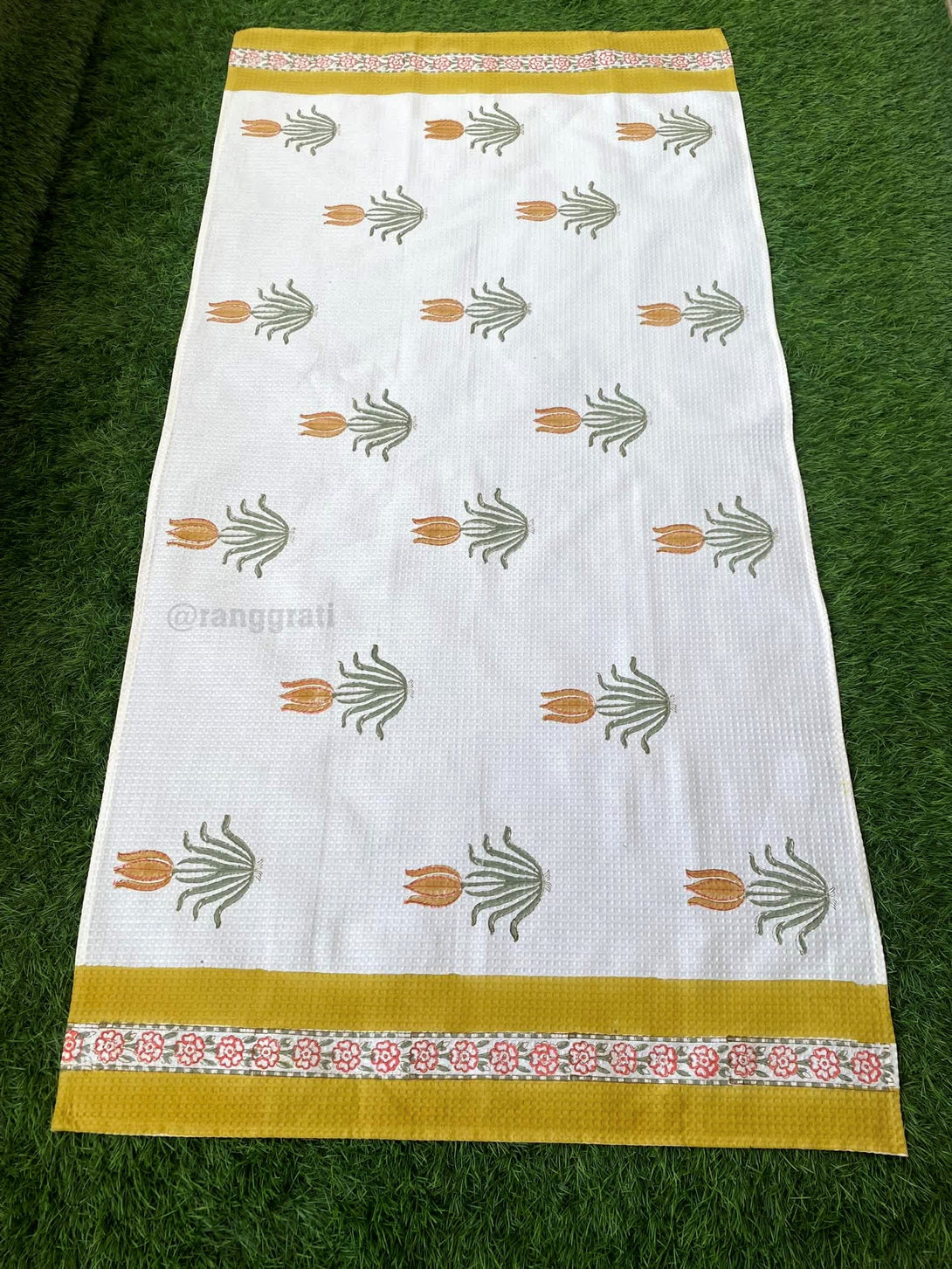 Yellow Floral Body Towel Hand Block Printed Pure Cotton - Body Towel
