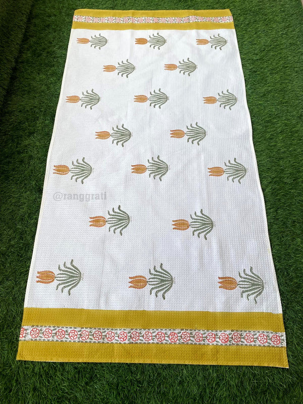 Yellow Floral Body Towel Hand Block Printed Pure Cotton - Body Towel