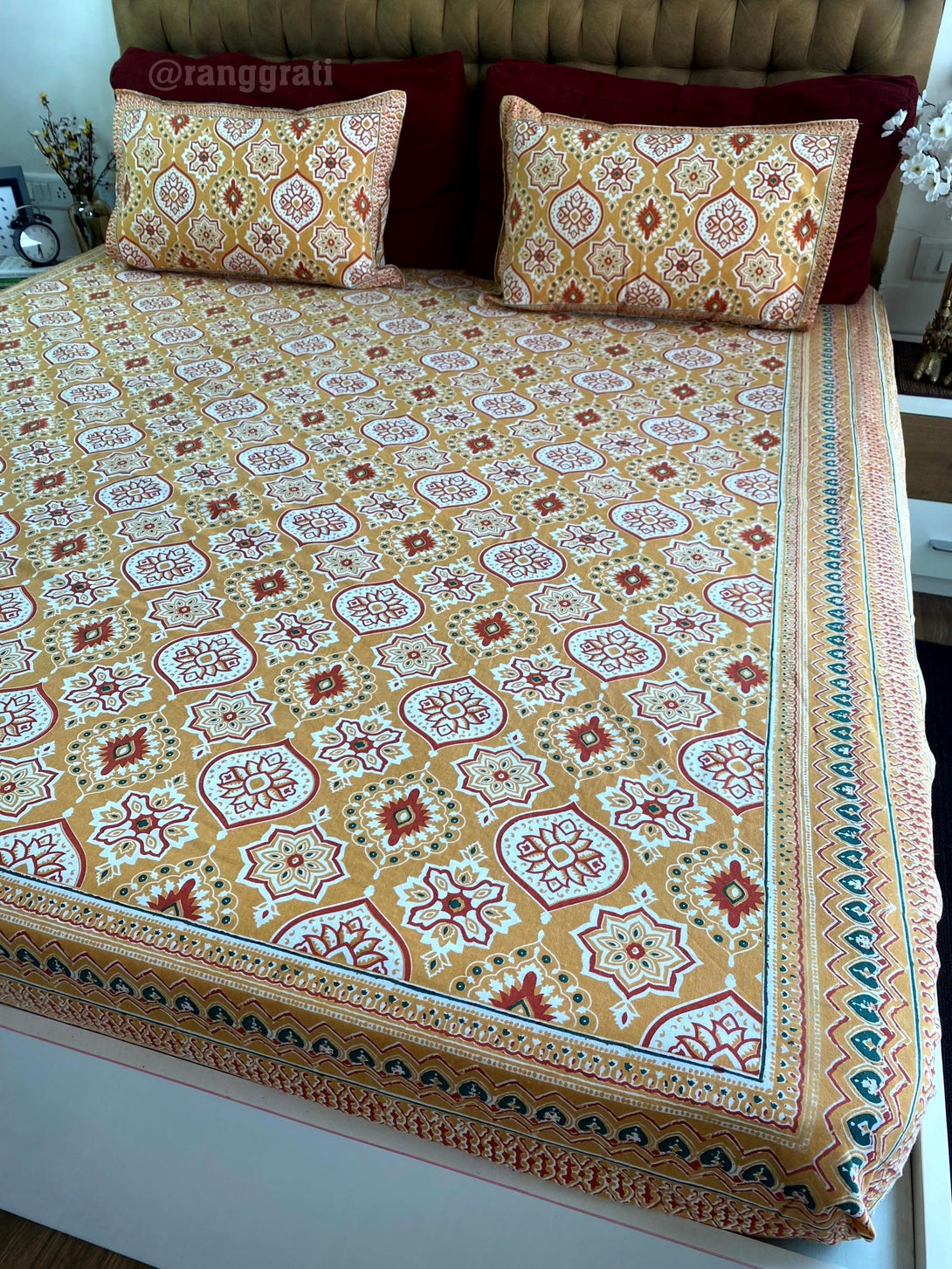 Yellow Floral Cotton Elastic Fitted Bedsheet King Size - Bedsheet