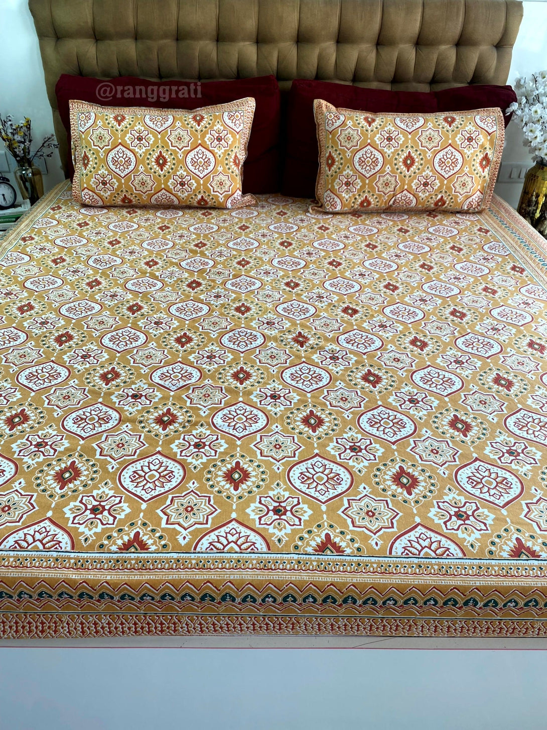 Yellow Floral Cotton Elastic Fitted Bedsheet King Size - Bedsheet