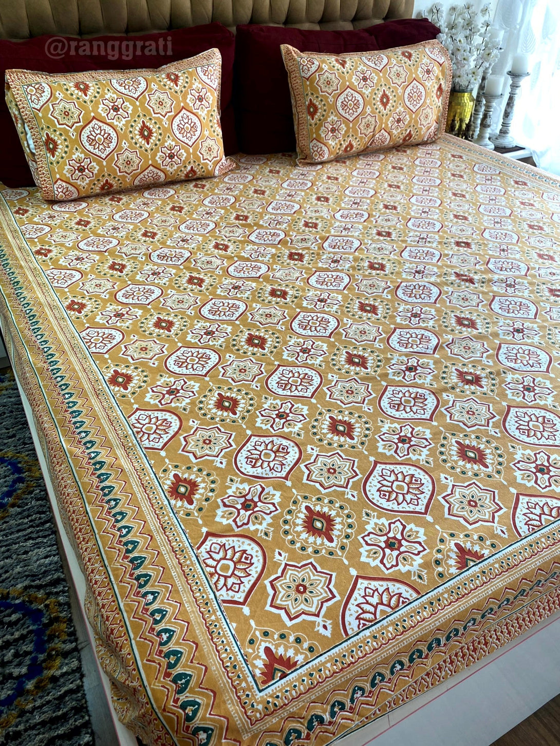Yellow Floral Cotton Elastic Fitted Bedsheet King Size - Bedsheet