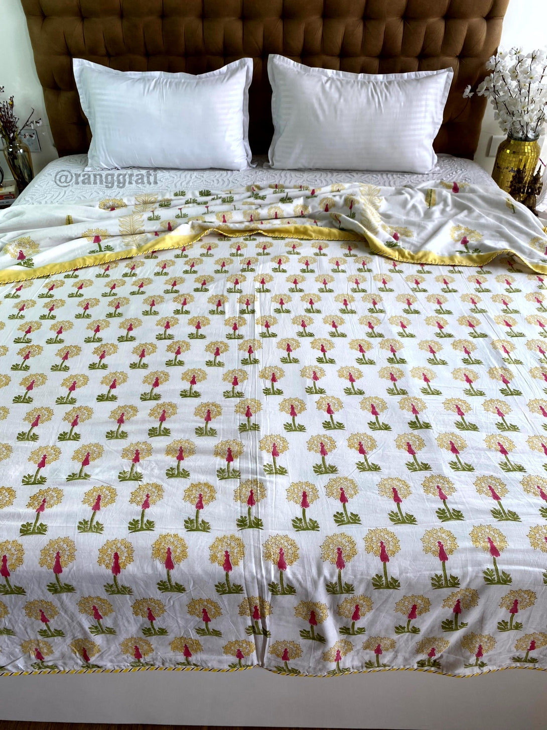 Yellow Floral Dohar For Double Bed In Mulmul Cotton Reversible King Size - Dohar