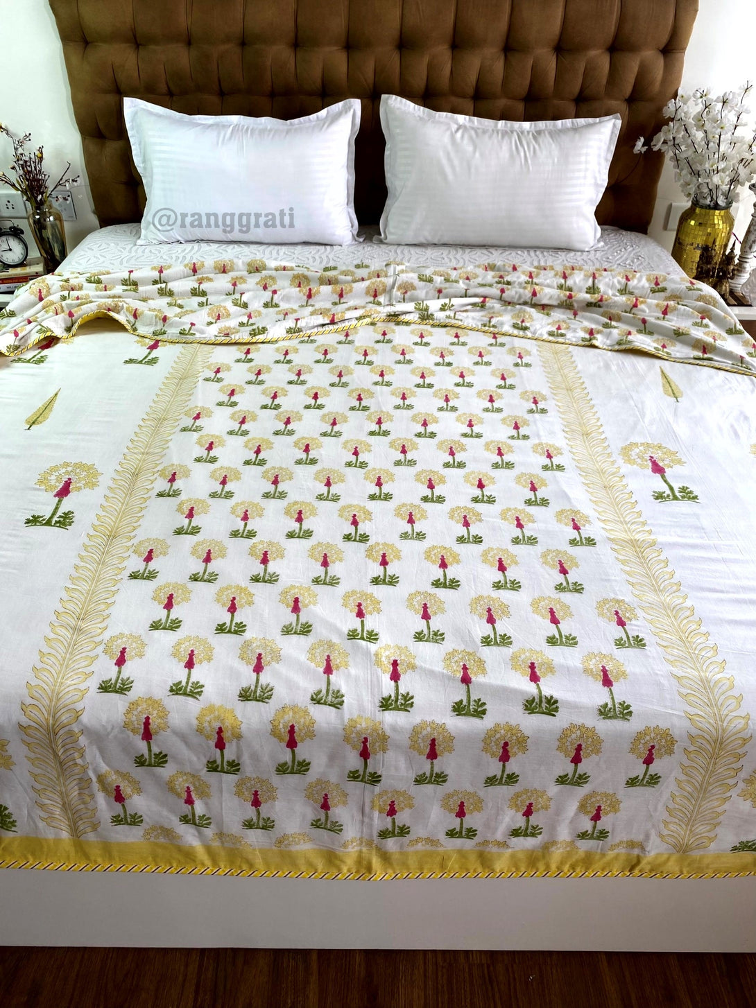 Yellow Floral Dohar For Double Bed In Mulmul Cotton Reversible King Size - Dohar