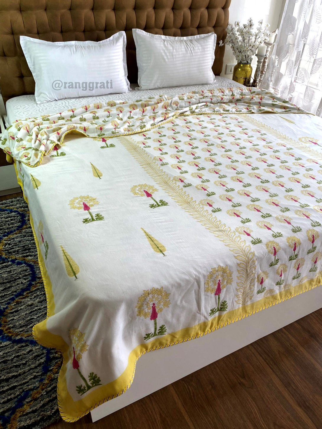 Yellow Floral Dohar For Double Bed In Mulmul Cotton Reversible King Size - Dohar