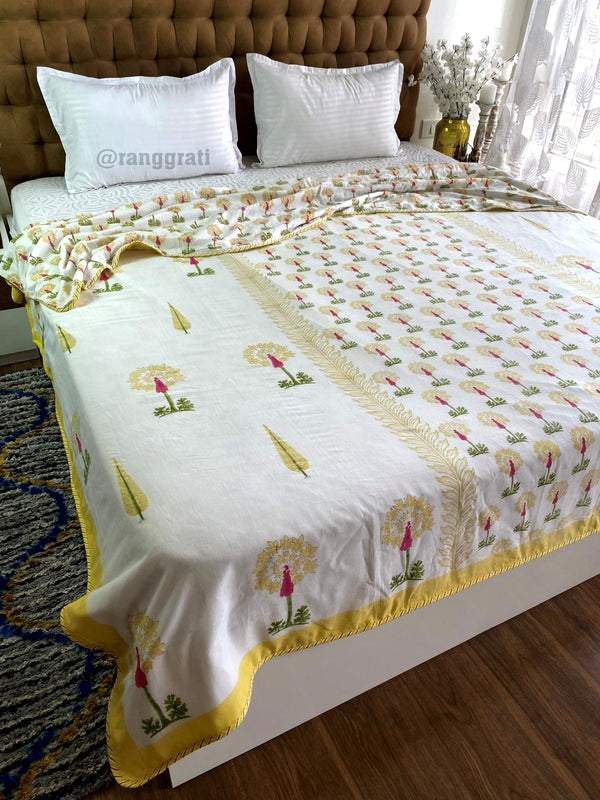 Yellow Floral Dohar For Double Bed In Mulmul Cotton Reversible King Size - Dohar